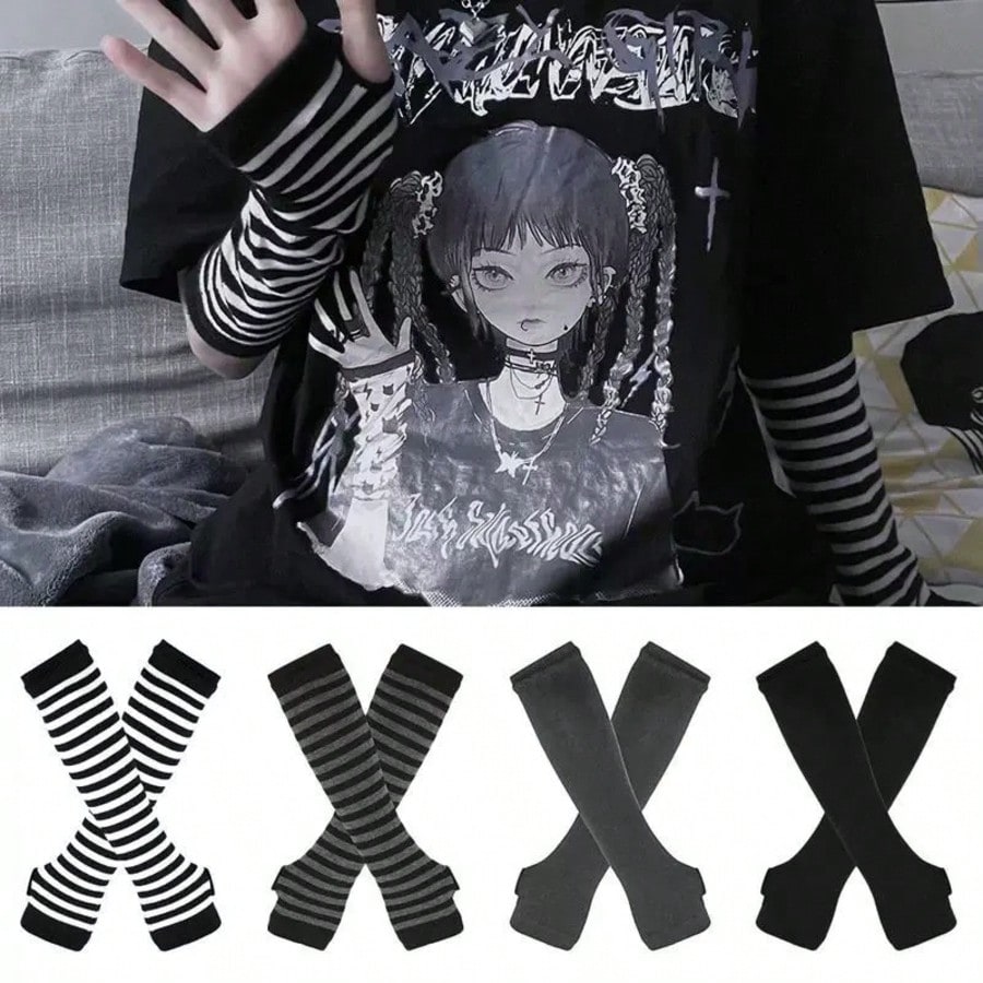 Fingerless Glove Knit - 1 Pair Y2K Punk Striped Knitted